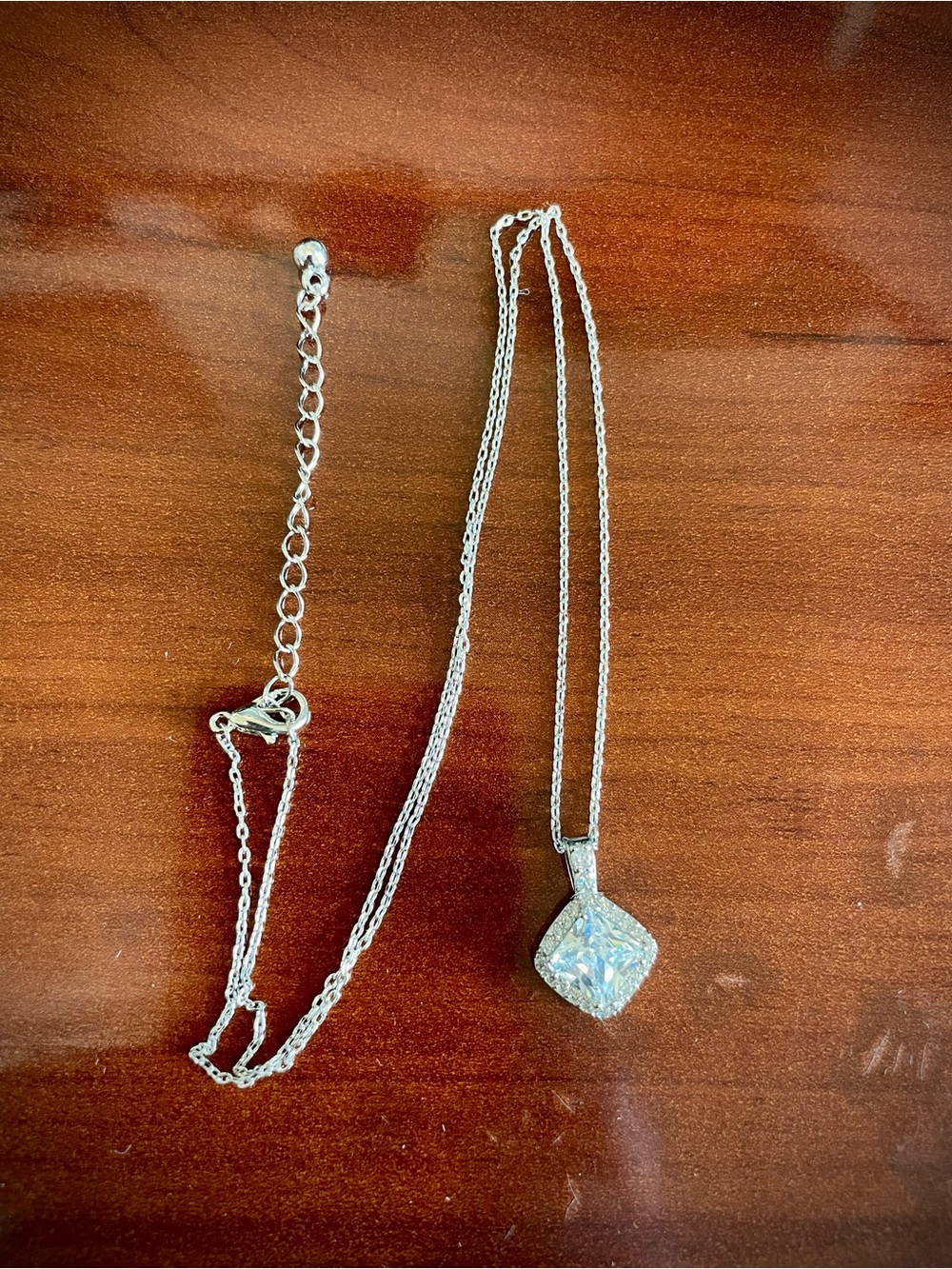 Silver Necklace with Cushion-Cut Clear Pendant